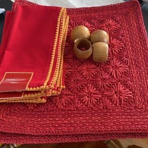 Vintage red woven 4 placemats napkins and wooden napkin holders.
